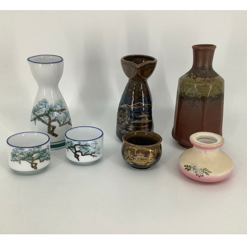 Lot of 7 Vintage Japanese Ceramic Handpainted Saki Tea Set Pitchers & Cups L20-3